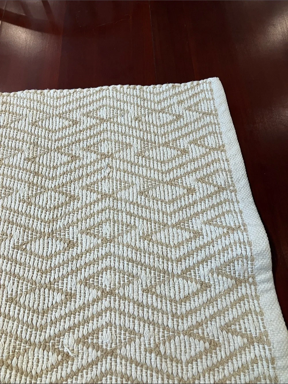 Cream and Beige Geometric Pattern Cotton Throw Rug machine washable